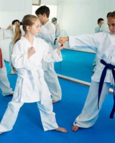Children training in pairs to practice new technique at karate class